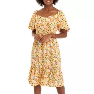 Luxology Puff Sleeve Floral Flounce Yellow Midi Dress